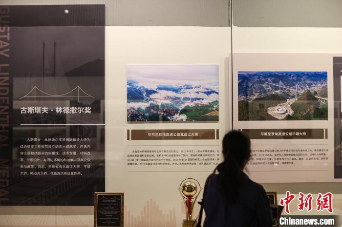 图为参观者在观看获得“古斯塔夫·林德撒尔奖”的贵州桥梁展区。　瞿宏伦 摄